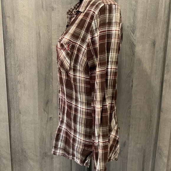 Maurice's Brown & White Plaid Button Down Long Sleeve Women's Shirt Size Small - Picture 5 of 8